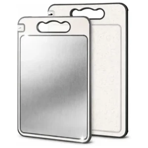 Tábua de Corte Dupla Face Inox e PP com Afiador de Facas Integrado Prata e Branco